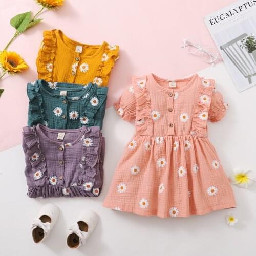 Summer Breathable Little Girls Dress Sweet Daisy Printing Round Collar Lace Splicing Short Sleeve Princess Skirt