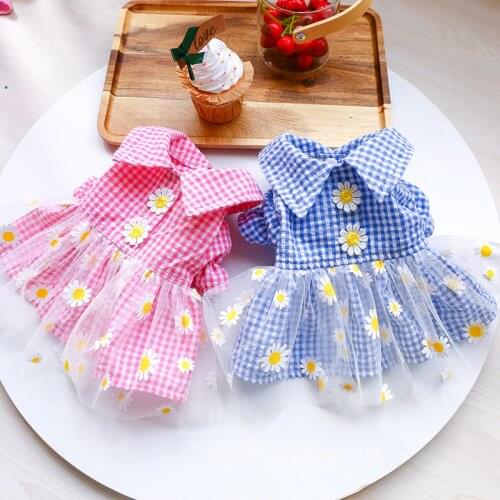 Summer Daisy Lace Tutu Skirts Dress Costumes Puppy Dog Pink Blue Grid Princess Girl Dresses For Small Pet Dog Clothes Chihuahua