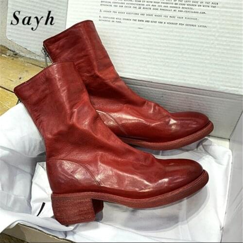 Fashion Luxury Brand Women Black Genuine Leather Ankle Boots Zipper Chunky Heels Retro Punk Pleated Winter Stretch Martin Shoes