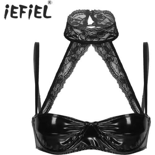 New Womens Wet Look Fashion Pole Dancing Vest Tops Lace Leather Underwired Bra Tops Lingerie Spaghetti Strap Brassiere Clubwear