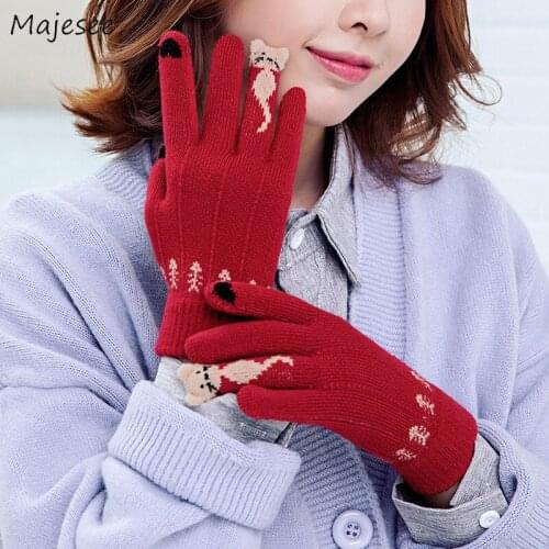 Winter Gloves Women Student Style Cartoon Cat Ulzzang Sweet Warm Various Color Womens Mittens Touch Screen Elastic Stylish Chic