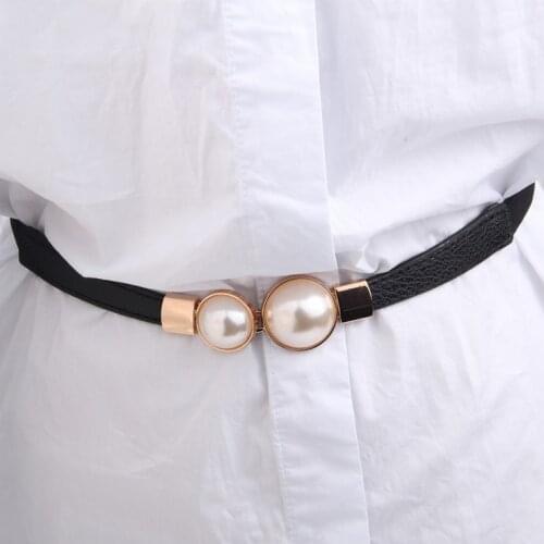 Fashion Thin PU Leather Belt Simulated Pearl Elastic Waist Belts Women Dress Skirt Decoration Fashion Girles Gifts