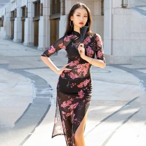 See-Through Latin Dance Dress Cheongsam Tango Performance Dress Adult Female Latina Dance Costume Ballroom Flamenco Dress