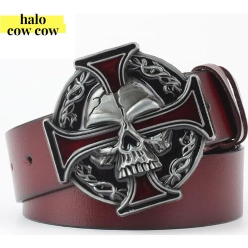 Punk Rock Metal Skull Head Buckle Men Belt Genuine Leather Cowboy Belts for Mens Cowskin Strap Ceinture Homme Cinto Masculino