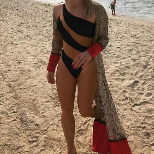 2020 Explosion Models Womens Striped Sexy Mesh Stitching Hit Color Bikini Beach One-piece Swimsuit