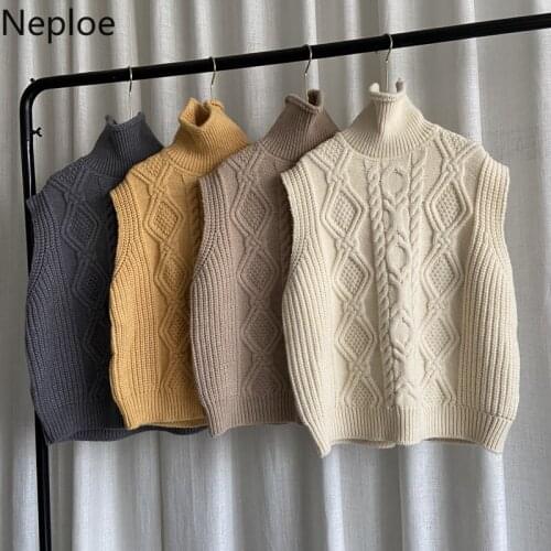 Neploe Korean Turtleneck Sweater Vest Women Sleeveless Thicked Knitted Ribbed Waistcoat 2021 Fall Clothes Pullovers Tank Tops