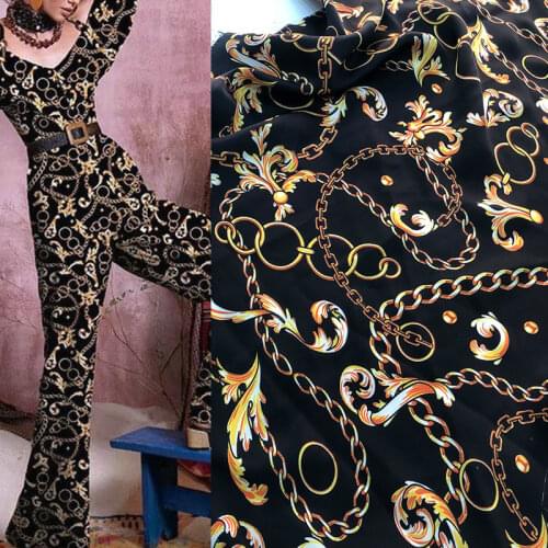 145cm Width Black Chain Printed Imitated Silk Satin Polyester Fabric For Woman Dresses Blouse DIY Cloth Sewing