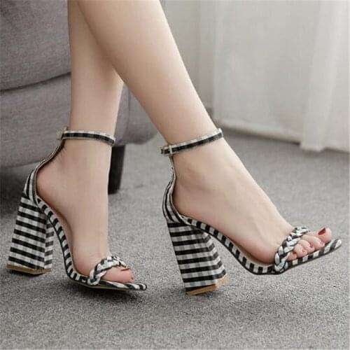 Women sandals Canvas Buckle Strap 11.5CM Square heel High heels Round Toe Shallow women shoes sandalias mujer 2020 size 35-42