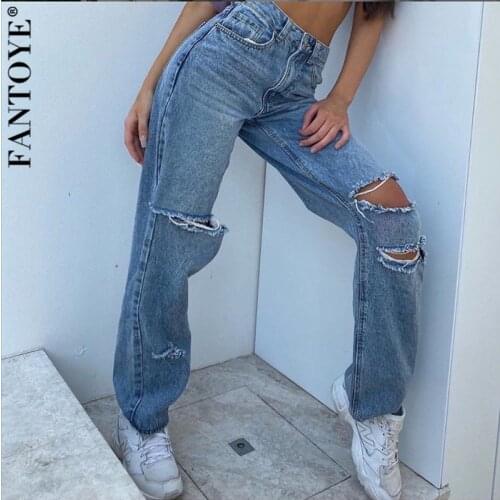 Fantoye Spring 2021 Distressed Holes Jeans Wide Leg Pants Women Casual Loose Blue Cotton Demin Pants Harajuku Trouser Streetwear