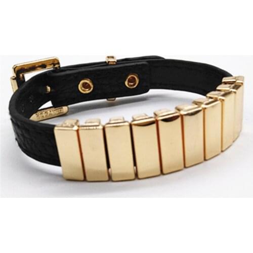 Newest Design Trendy Geometric Black Fashion Metal Wide Chain Link Fashion Cuff Bangle Leather Bracelets Women Female Jewelry