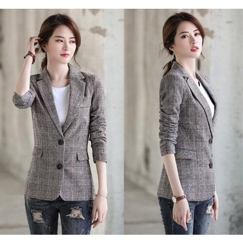 Womens Fashion 2021 Design Blazer Jacket Womens Gray Brown Plaid Tops For Office Lady Wear Size S-4XL