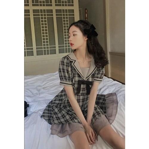 Retro Y2k Plaid Dress Women French Sailor Collar Cute Ruffle Fairy Dress Summer Casual Kawaii Lolita Gothic Dress 2021