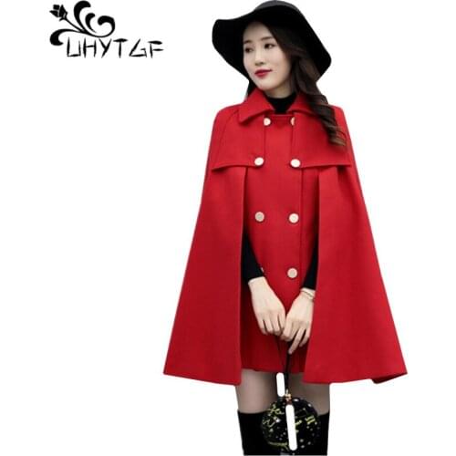 UHYTGF Cloak type autumn winter woolen coat women fashion double-breasted temperament casual Female jacket Cloak woolen coat 762