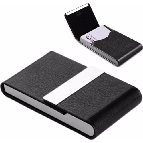 1pc New Pocket Black Stainless Steel PU Leather Name Business Card Case Holder 95*60*15mm