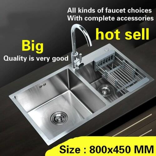Free shipping hand made stainless steel household big kitchen sink durable double groove hot sell 800x450 MM