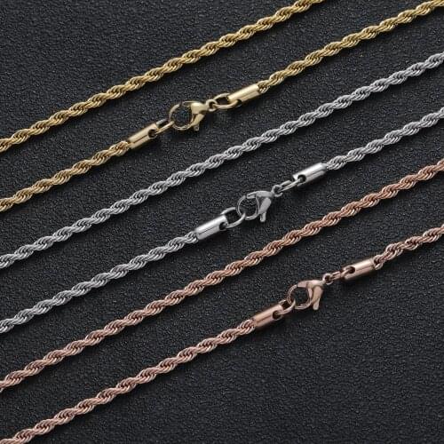 Mens Hip Hop Stainless steel Rope Chain 3mm 16"18" 20" 24" 30" Gold Silver Color Necklace Hip hop Jewelry For Women SC001