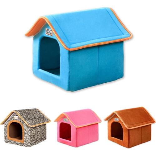 Pet House Foldable Bed With Soft Cushion Winter Indoor Dog House Leopard Puppy Sofa Kennel For Small Medium Dogs