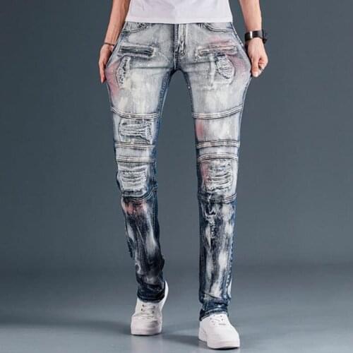 New Arrival Fashion 2021 Mens Biker Jeans Patchwork Spliced Ripped Denim Pants Male Straight Slim Patch Beggar Vaqueros Hombre