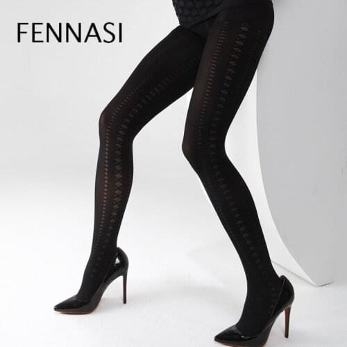 FENNASI Autumn Winter Jacquard Floral Womens Pantyhose Print with Striped Plaid Pattern Sexy Tights Female Erotic Black Tights