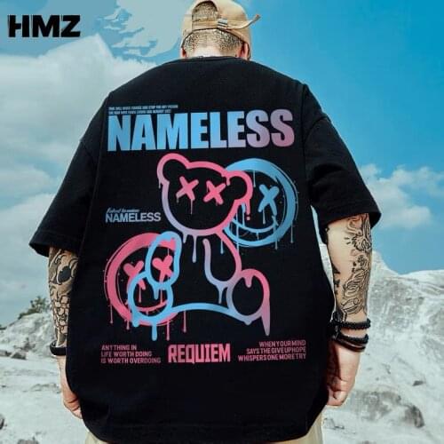 HMZ 100% Cotton Men T-shirt Bear Print Summer Casual Half Sleeve Tshirt Man Basic Harajuku Top Tee Oversized Streetwear T-shirt