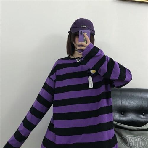 New T Shirt Women Cotton Purple Striped Tops Slim Fit t shirt Harajuku Tshirt Summer Long Sleeve Korean Feminina Tops