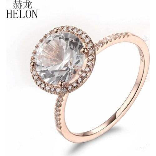 HELON Solid 10K Rose Gold Flawless 9.5MM Round Natural White Topal & Diamonds Engagement Ring Women Gemstone Fine Jewelry Gift