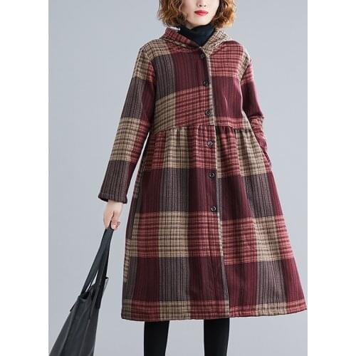 Plaid Plus Velvet Cotton Linen Cotton Coat Women Winter 2021 New Korean Clothes Loose Warm Mid-Length Hooded Padded Coat Female
