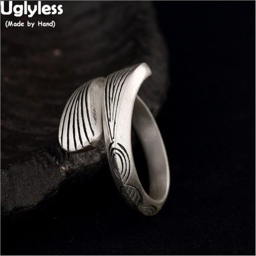 Uglyless Real 990 Silver Fine Jewelry Handmade Engraved Leaf Patterns Vintage Rings for Women Ethnic Opening Ring Exotic Bijoux