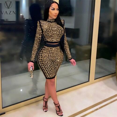 VAZN Autumn High-end Young Birthday Outfits Geometric Full Sleeve Knee Length Elements Print Two Piece Set Colorful Sexy