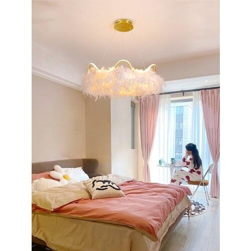 Nordic net red feather lamp bedroom chandelier warm and romantic ins girl creative crown simple childrens room lamps