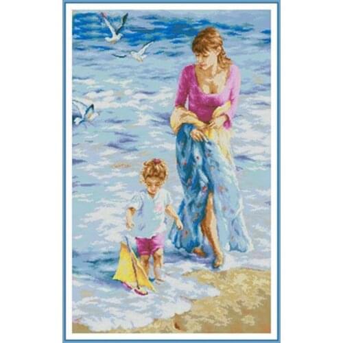 Mother and daughter by the sea Counted Cross Stitch 11CT 14CT 18CT DIY Cross Stitch Kits Embroidery Needlework Sets home decor