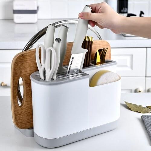 Multifunctional 3-Compartment 8-Position Knife Rest Tableware Storage Shelf Upgraded Pot Cover Frame With Cutting Board