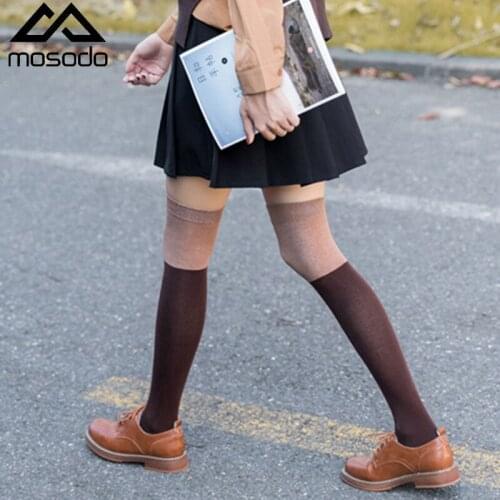 Mosodo Girls High Tube Socks Splicing Color Over Knee Sock Womens Retro College Style Winter Cotton Socks