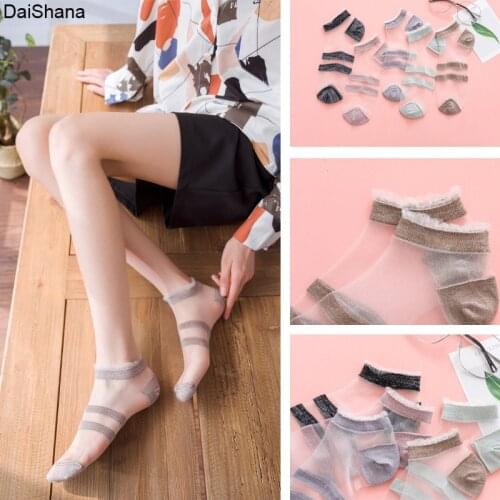 5Pairs Women Socks Summer Female Thin Short Sock Transparent Cute Girls Lace Invisible Sock Striped Breathable Ankle Socks 35-40