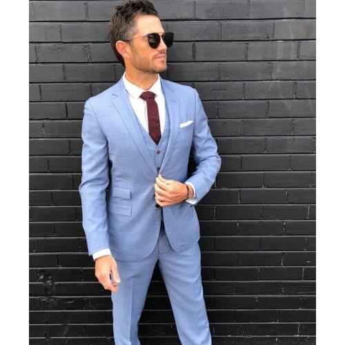 2019 New Fashion Light Blue Linen Groom Tuxedos Peak Lapel Groomsmen Suits Man Jacket Blazer 3 Piece Suit(Jacket+Pants+Vest)