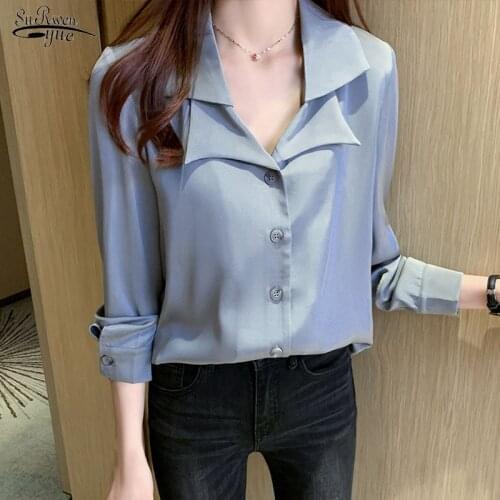 Solid Plus Size Female Clothes Suit Collar Satin Blouses Korean Loose Shirt Long Sleeve Blouse Simple OL Feminine Blusas 11343