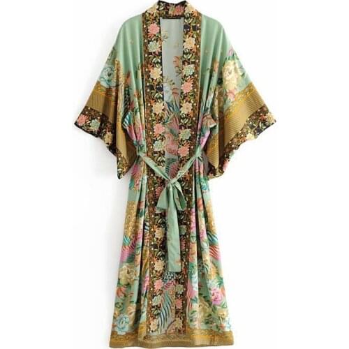 Print Floral Beach Kimono Sashes Slim Long Cardigan Female Autumn New Cotton Sexy Vintage Beach Cover-Up Bohemian