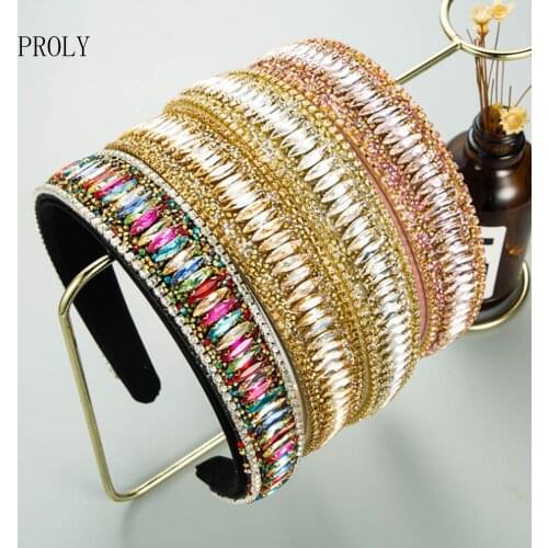 PROLY New Fashion Women Headband Shining Rhinestone Hairband Wide Side Luxurious Baroque Headwear Adult Hair Accessories