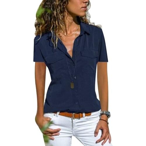 Plus Size Women Summer Shirt Short Sleeve Turn-down Collar Shirts Lapel Button Pocket Solid Color Casual Blouses Daily Wear Tops