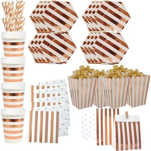 Rose Gold Party Disposable Tableware Champagne Cup Plate Straws 1st Birthday Party Decor Kids Baby Shower Party Supply