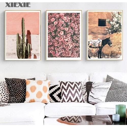 Nordic Style Horse Cactus Flower Canvas Painting Pink Minimalist Poster Scandinavian Wall Art Picture Living Room Decoration