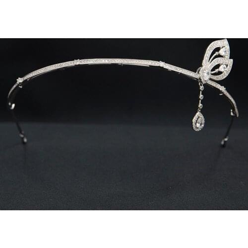 Cubic Zirconia Butterfly Tiara for Wedding,Crystal Headband with Dangle for Bride Hair Jewelry CH10380