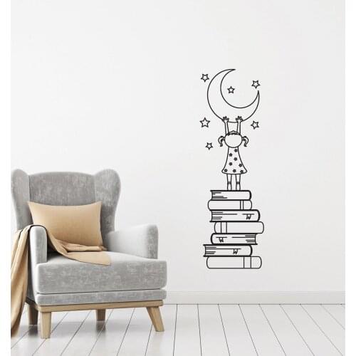 Girl Books Moon Stars Vinyl Decal Wall Sticker for Kids Nursery Love Reading Wall Decal Bedroom Home Decor Cute Stickers Z977