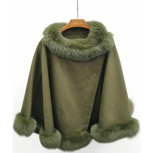 Women Cashmere Wool Cape Fox Fur Collar Thick Warm Coat Shawl Oversize Lady Cloak Winter Women Jacket 2020 New