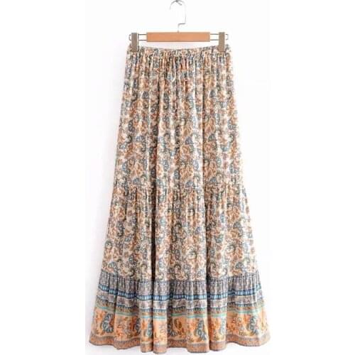 Women Vintage Chic Floral Print Beach Bohemian Skirt Elastic Waist Boho Skirts