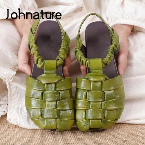 Johnature Retro Shoes Women Sandals Elastic Band Genuine Leather 2021 New Flat With Weave Handmade Concise Casual Ladies Sandals