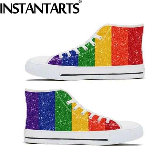 INSTANTARTS Rainbow Flag Print Classic High Top Canvas Pride Shoes Ladies Lace Up Vulcanize Shoes Walking Shoes Calzado Mujer