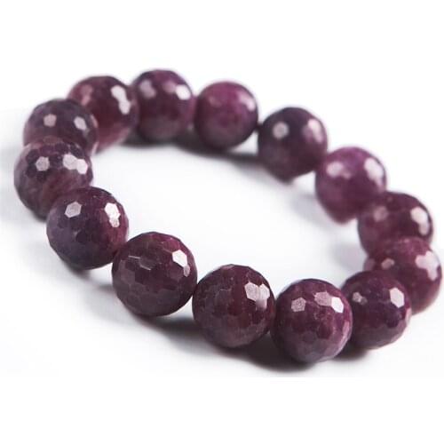 15mm Genuine Natural Rose Red Ru by Gems Crystal Faced Bead Bracelets Stretch Round Bead Woman Lady Bracelet
