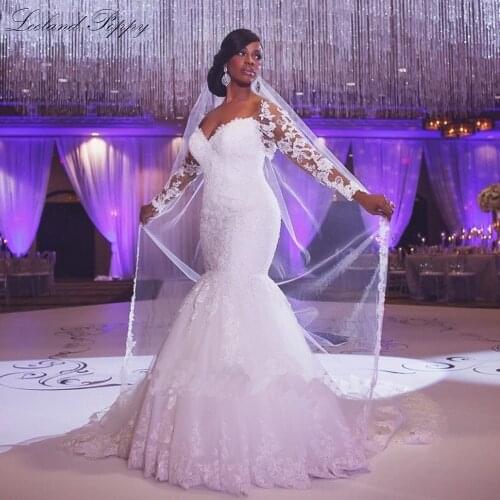 Lceland Poppy Womens Mermaid Lace Wedding Dresses 2020 Full Sleeves Beaded Vestido de Novia Lace Appliques Bridal Gowns