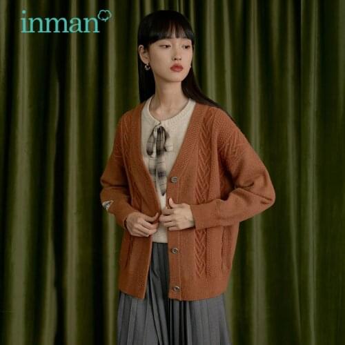 INMAN Womens Knitted Coat Autumn Winter Sweater V-Neck Loose Retro Embroidery Sleeve Design Brown Vintage Cardigan